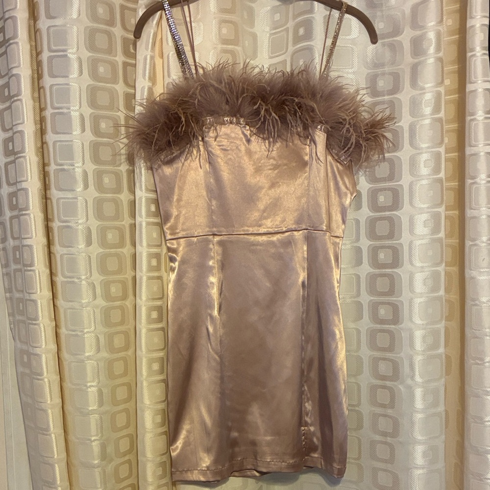 Adorable Champagne Mini Dress with Feather Trim and Rhinestone Straps